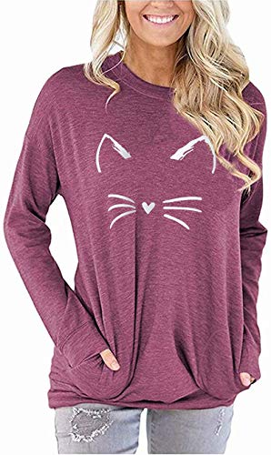 Akihoo Cat Printed T Shirts Women Graphic Funny Inspirational Long Sleeve Teacher Fall Sweatshirt Tunics Tops with Pockets M