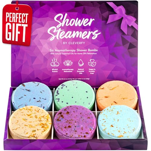 Cleverfy Shower Steamers Aromatherapy - Box of 6 Premium Shower Bombs with Essential Oils. Self Care Christmas Gifts for Women and Stocking Stuffers for Adults and Teens. Purple Set