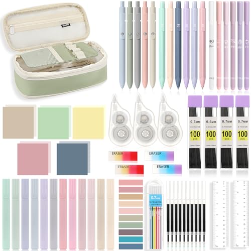 MoKo 60Pcs Aesthetic School Supplies with Cute Pencil Case,12 Pastel Highlighters,5 Black Ink Gel Pens,6 Mechanical Pencil Set 0.5 & 0.7 mm for Students Stationary College Essentials