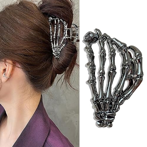 Muumoo Metal Skull Hand Hair Clip, 1Pcs Gunmetal Hair Claw Clip for Thin Hair Punk & Y2K-Style