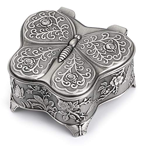 Hipiwe Vintage Metal Jewelry Trinket Box - Butterfly Shape Jewelry Organizer Treasure Chest Ring Holder, Earrings Necklace Storage Box Keepsake Box for Girls Women