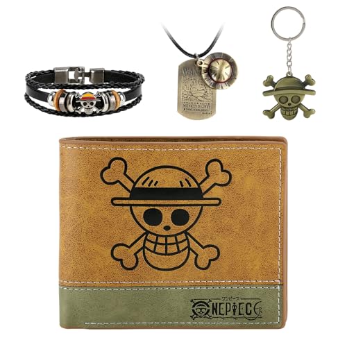 FJLyoupin 4 PCS OnePiece Luffy Bifold Wallet Anime Set (Straw Hat Pirates Jolly Roger Mens Wallet + Luffy Skull Pendant Necklace + Luffy Keychain + OnePiece Bracelet) Good Gift for Anime Fans