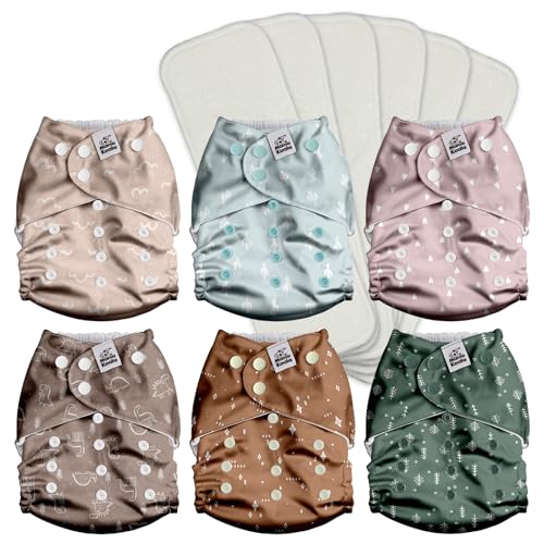 Mama Koala 3.0 Cloth Diapers for Babies with AWJ Lining, 6 Pack with 6 4-Layer Natural Cloth Diaper Inserts - Reusable and Washable Pocket Diapers(Simply Neutrals)