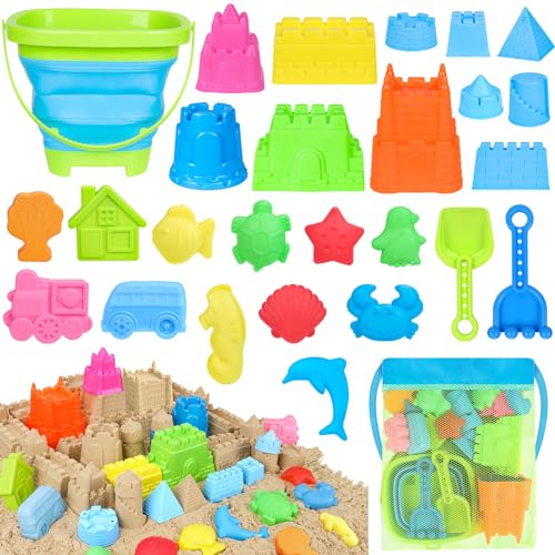 Collapsible Beach Toys Set for Kids Toddlers, Travel Sand Castle Toys for Beach with Mesh Bag & Sand Molds, Collapsible Sand Bucket and Shovel Set for Kids, Sandbox Toys for Toddlers Kids Age 3-12