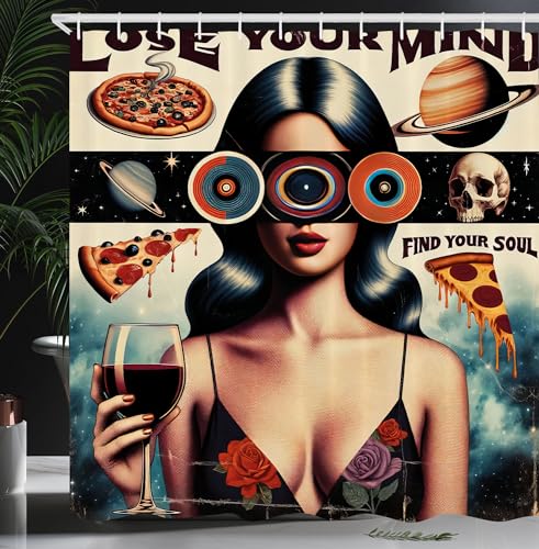 Ambesonne Vintage Shower Curtain, Retrospective Groovy Lose Your Mind Lettering Woman Galaxy Skull Pizza, Cloth Fabric Bathroom Decor Set with Hooks, 69' W x 70' L, Tan Eggshell Multicolor