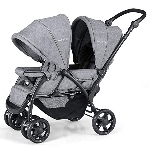 BABY JOY Double Stroller, Foldable Lightweight Twin Stroller with Tandem Seating, Adjustable Backrest/Canopy/Footrest, 5-Point Harness, Storage Basket, Double Stroller Newborn and Toddler (Gray)