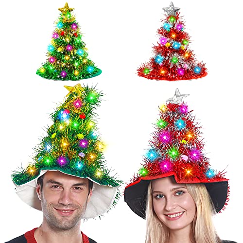 Camlinbo 2 Pack Christmas Hats Tree Santa Hat with Tinsel 30 LED Colorful Lights Poms Christmas Costume for Adults Kids