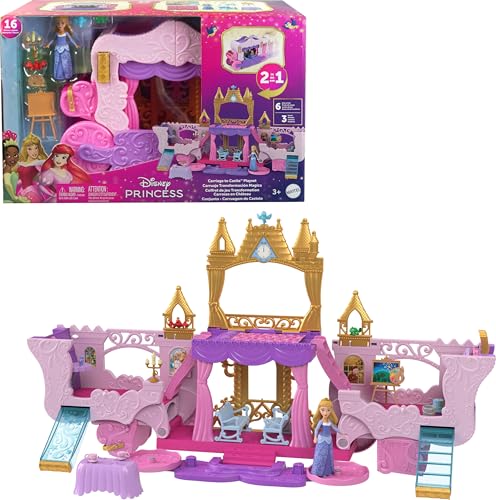 Mattel Disney Princess Toys, Carriage to Castle Transforming Playset with Aurora Small Doll, 3 Levels, 6 Play Areas, 4 Figures, Furniture & Accessories