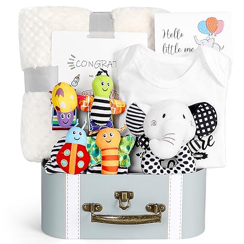 iAOVUEBY Baby Gift Set, Baby Shower Gifts, Black and White High Contrast Baby Toys 0-6 Months for Newborn Essentials Infant Rattle Socks Elephant Toys Blanket Onesies Baby Gift Basket for Girls Boys