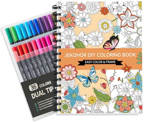 Jekohor Adult Coloring Book Set,Spiral Bound Coloring Book for Adults Relaxation with 36 Colors Markers, Anxiety Relief Gifts with 30 Patterns Included Mandala Animal Flowers