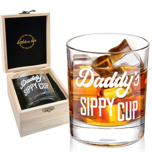 LIGHTEN LIFE Daddy's Sippy Cup Whiskey Glass 12 oz,Unique Dad Gift in Valued Wooden Box,Funny Gag Gift for New Dad,Father,Husband from Kids Wife for Father's Day,Birthday,Christmas