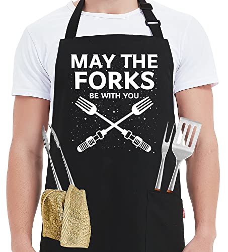 Kaidouma Funny Grill Aprons for Men - May The Forks Be With You - Men’s Funny Chef Cooking Grilling BBQ Aprons with 2 Pockets - Birthday Father’s Day Christmas Gifts for Dad, Husband, Movie Fans