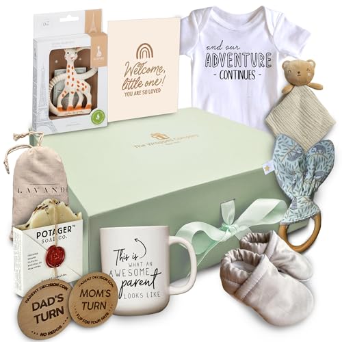 The Wrapped Company - New Parents Gift Basket - 10 Pcs Premium-Quality, All-Natural - Deluxe Present for Newborn Baby - Mom and Dad Gift Box