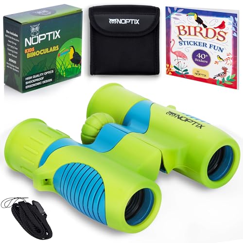 Kids Binoculars girls or boys Real Binoculars in Green Blue - Binoculars for Toddlers up to Kids age 14 - includes sticker book with 40 Bird Species