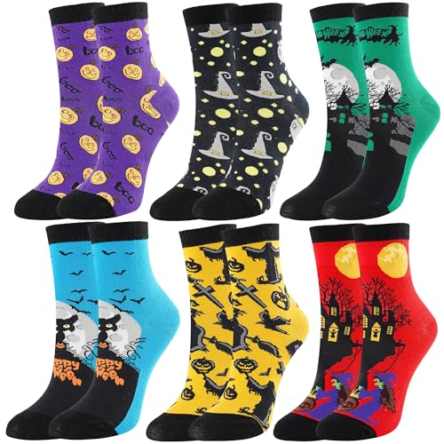 BONANGEL Halloween Socks for Women Girls,Colorful Funny Pumpkin Ghost Bat Skeleton Printed Novelty Socks Gifts for Men Women 6 Pairs