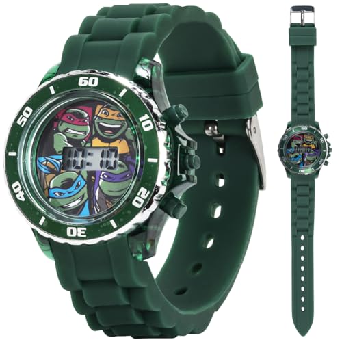 Ninja Turtles Kids' Digital Watch with Green Bezel, LED Lights, Green Strap - With Ninja Turtles on Dial, Safe for Children