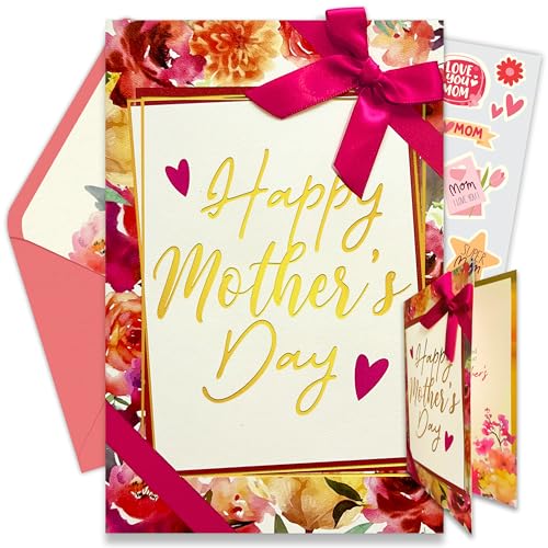 Decorably Individual Seasonal Greeting Card with Envelopes & Stickers - Gold Foiled & Textured Floral Happy Mothers Day Cards for Mom Set with Ribbon, 5x8in Mother's Day Card for Mom