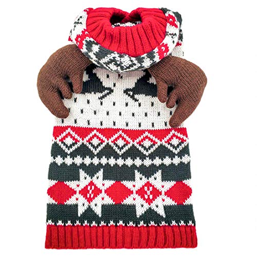 KYEESE Holiday Dog Sweaters New Year Hoodie Reindeer Red Dogs Knitwear Pullover Small Pet Sweater with Leash Hole Ugly Christmas Dog Sweater