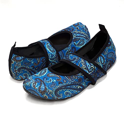 Nufoot Futsole Women's Soft-Sided Shoes for Indoors/Outdoors, Foldable & Flexible Footwear for Sport, Exercise, Yoga or Travel, Dance Shoes, Blue Paisley, Medium