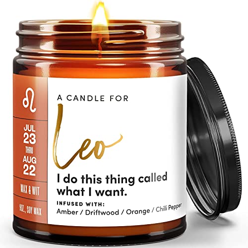 WAX & WIT Leo Gifts for Women, August Birthday Gifts for Women, Leo Zodiac Gifts for Women, Astrology Gifts for Women, Zodiac Candles, Leo Candle, July Birthday Gifts for Women, Astrology Candle - 9oz