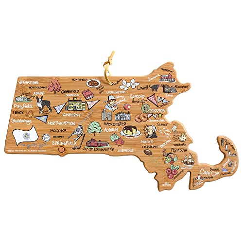 Totally Bamboo Massachusetts State Shaped Cutting Board and Charcuterie Serving Platter with Artwork by Fish Kiss, Includes Hang Tie for Wall Display