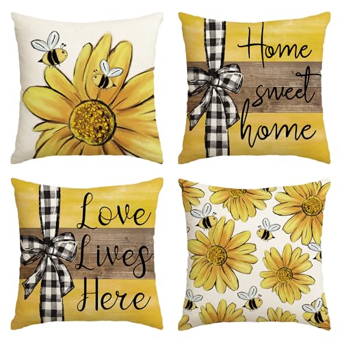 AVOIN colorlife Home Sweet Home Bee Sunflower Throw Pillow Covers, 18 x 18 Inch Love Lives Here Spring Summer Stripes Cushion Case for Sofa Couch Set of 4