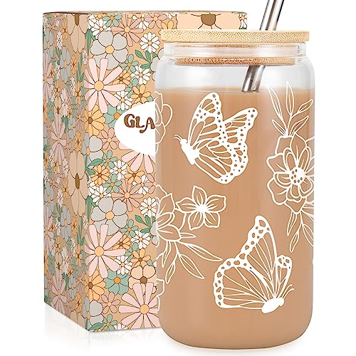 Fairy's Gift Butterfly Gifts for Women - Iced Coffee Cup, Aesthetic Floral Butterflies Glass Cup w/Lid & Straw, Butterfly Tumbler - Christmas, Birthday Gifts for Women Mom Friend Bestie