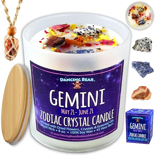 DANCING BEAR Gemini Zodiac Candle Gift Box Set with 3 Healing Crystals & Stone Holder Necklace, 100% Soy Scented Wax, Crackling Wood Wick, 45 Hour Burn Time