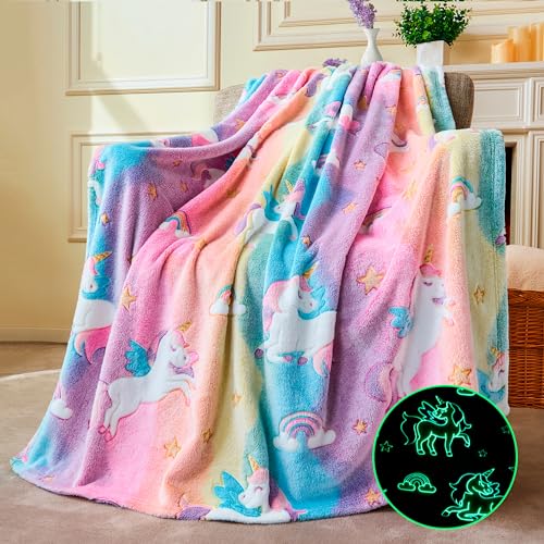 Joiedomi Glow in The Dark Blanket - Unicorns Gifts for Girls Age 2 3 4 5 6 7 8 9 10 11 12 Year Old - Soft Cozy Flannel Kids Throw Blanket - Birthday Bedroom Decor 50'×60'