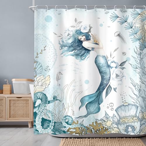 Newsely Mermaid Shower Curtain 60Wx72H Inch Nautical Blue Sea Ocean Octopus Coastal Coral Underwater Fish Seashell Jellyfish Teal Bathroom Set Girls Waterproof Bath Decoration Accessories Home Decor