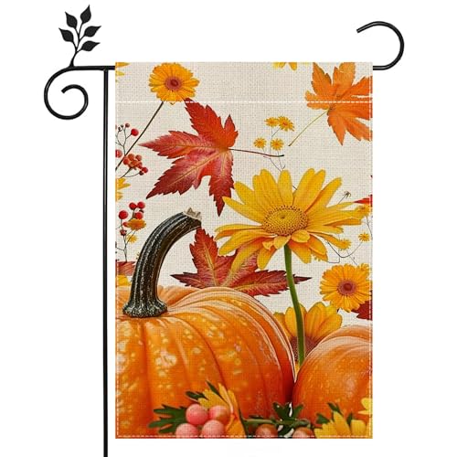 Fall Pumpkin Garden Flag for Outside, Thanksgiving Maple Leaf Sunflower Garden Flag, Welcome Fall Garden Flag 12x18 Inch Double Sided Burlap, Outdoor Yard Flag Decorations for Home（Only Garden Flag）