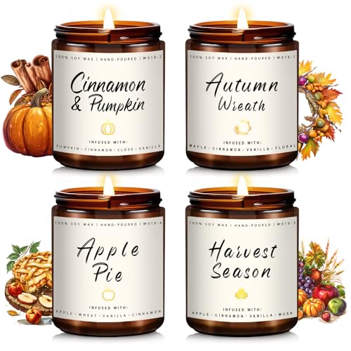 Fall Candle Set | 4pack Fall Scented Candles for Home - Soy Candles for Home Scented, Autumn Candle Set, Fall Candle Gifts - Fall Scents of Pumpkin/Apple Pie/Harvest/Autumn Wreath