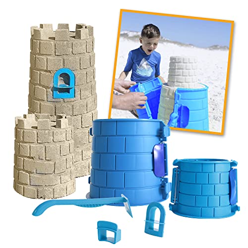 Create A Castle Sandcastle Kit, Beach Toys for Kids 3-10 and Toddlers Ages 2-5 - Split Apart Sand Buckets, Towers, Building Tools and Mesh Storage Backpack for Sandbox or Snow - Deluxe Blue