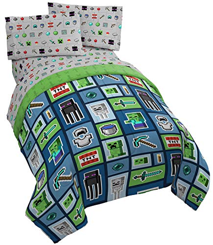 Jay Franco Minecraft Monster Hunters 4 Piece Twin Bed Set - Includes Reversible Comforter & Sheet Set - Bedding Features Creeper - Super Soft Fade Resistant Microfiber (Official Minecraft Product)