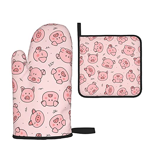 Hitamus Cute Pig Heat Resistant Oven Mitts and Pot Holders Sets Non Slip Kitchen Gloves Hot Pads with Inner Cotton Layer for Cooking BBQ Baking Grilling