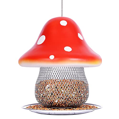 Red Mushroom Solar Bird Feeders - Outdoors Hanging, Color Changing Solar Garden Lantern, Metal Wild Bird Feeder for Cardinals Bird Seed Feeder 3.5LBS Capacity birdfeeders is Gift for Bird Lovers.