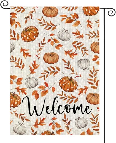 Gearock Fall Welcome Garden Flag 12x18 Double Sided Pumpkin Maple Leaves Theme Burlap Small Autumn Yard Flag for Farmhouse Front Porch Lawn Outdoor Holiday Decor