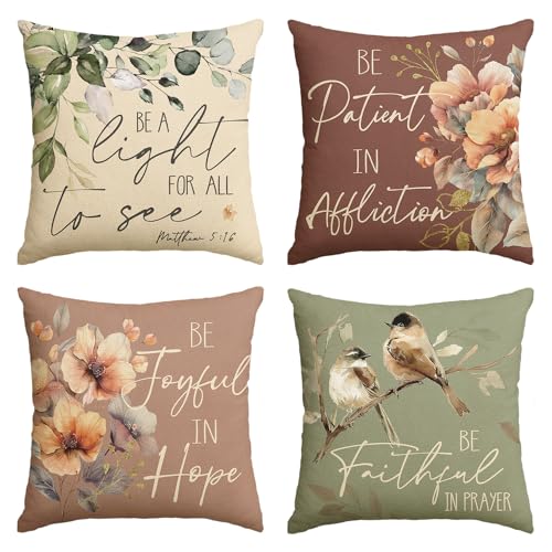 AVOIN colorlife Eucalyptus Leaves Joyful in Hope Bird Chickadee Throw Pillow Covers, 18 x 18 Inch Seasonal Spring Fall Terracotta sage Flowers Cushion Case for Sofa Couch Set of 4