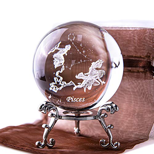 HDCRYSTALGIFTS 3D Inner Carving Constellation Ball Crystal Paperweight Full Sphere Glass Fengshui with Sliver-Plated Flowering Stand(Pisces)