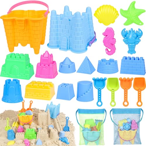 KUBUSFLY Beach Toys for Toddlers, Sand Castle Toys with 2 Sand Bucket, 2 Mesh Bag, 4 Sand Shovels & Sand Molds, Travel Sand Toys for Beach Sandbox Toys for Toddlers Kids Baby Boys Girls Age 3-10