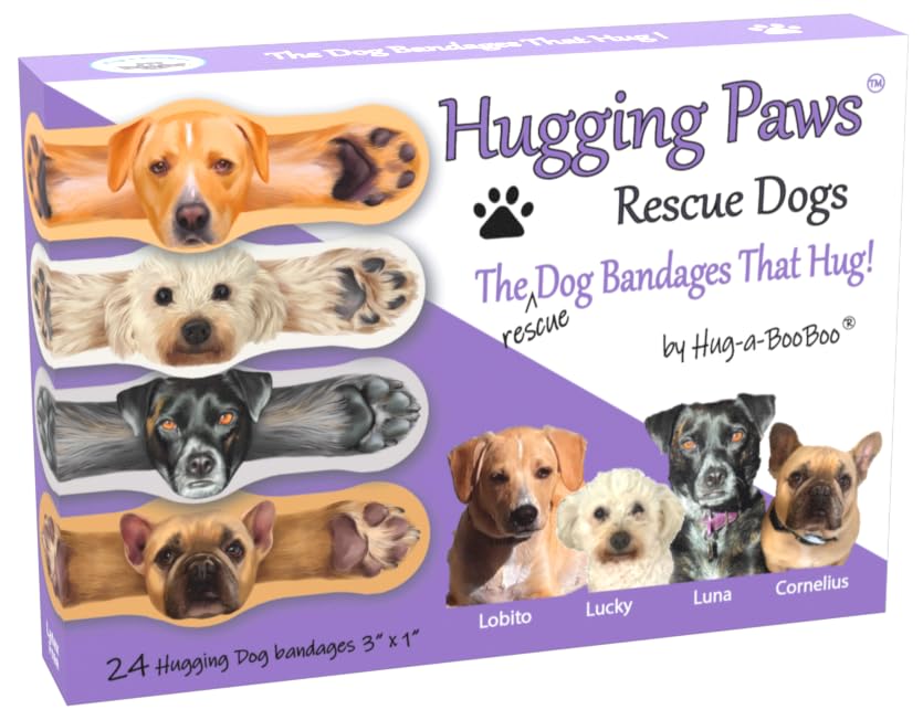 Hugging Paws Dog Bandages from Hug-a-BooBoo, The Adorable Dog Bandages That Hug! Unique Bandages Feature Paintings of Actual Rescue Dogs! Great Dog Lover Gift! French Bulldog, Poodle, Lab, Mix 24 Ct