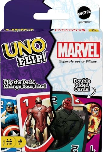 Mattel Games ​UNO Flip! Marvel Card Game for Kids, Adults & Family Night with Double-Sided Cards, Heroes vs. Villains