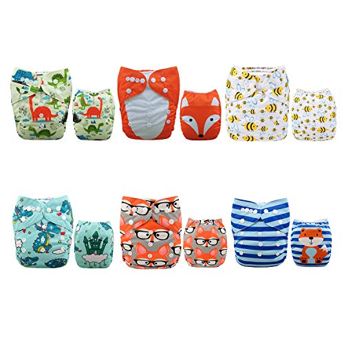 ALVABABY 6 Pack Cloth Diaper with 12 Inserts One Size Adjustable Washable Reusable Diaper Cover for Baby Girls and Boys