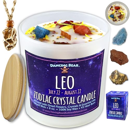 DANCING BEAR Leo Zodiac Candle Gift Box Set with 3 Healing Crystals & Stone Holder Necklace, 100% Soy Scented Wax, Crackling Wood Wick, 45 Hour Burn Time