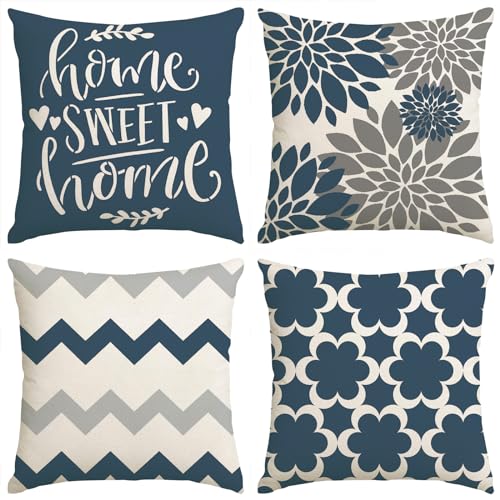 Mimkus 4 Pcs Spring Summer Throw Pillow Covers 18x18 Inches Farmhouse Decorative Cushion Covers Linen Square Pillow case for Sofa Couch Bed Car (Blue)