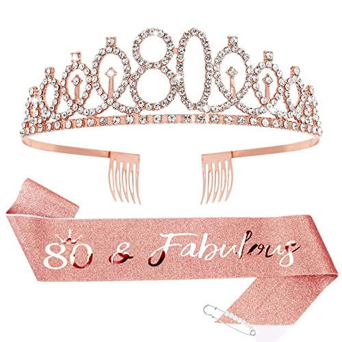 CIEHER 80th Birthday Crown + Sash + Pearl Pin Set, Elegant Gift for Women's 80th Birthday Party Decorations