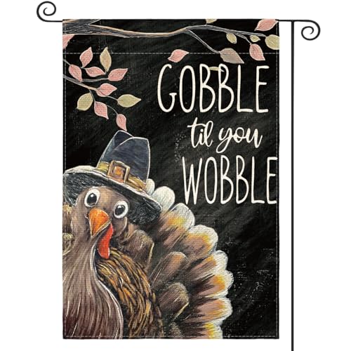 AVOIN colorlife Thanksgiving Turkey Garden Flag 12x18 Inch Double Sided, Gobble Til You Wobble Fall Harvest Holiday Yard Outdoor Decorative Flag