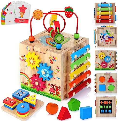 HELLOWOOD Wooden Activity Cube, 8-in-1 Montessori Toys for 1+ Year Old Boys & Girls, Educational Learning Toys for Toddlers Age 1-2, 1st Birthday Gift | Bonus Sorting & Stacking Board