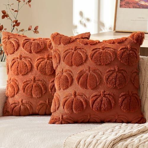 MIULEE Fall Throw Pillow Covers 18 x 18 Decorative Pumpkin Pattern Pillow Covers Soft Plush Faux Wool Couch Pillow Covers for Home, Set of 2,Rust