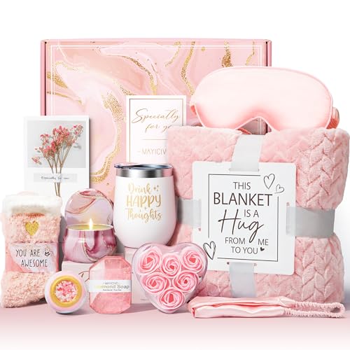 Birthday Gifts for Women Self Care Gifts Get Well Soon Gifts, Rose Relaxing Spa Gifts Basket Care Package w/ Luxury Flannel Blanket, Unique Mothers Day Gifts Idea for Mom Her Best Friends Sister Wife